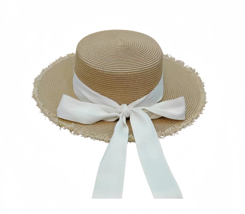 Boater hat with wide fabric bow trim