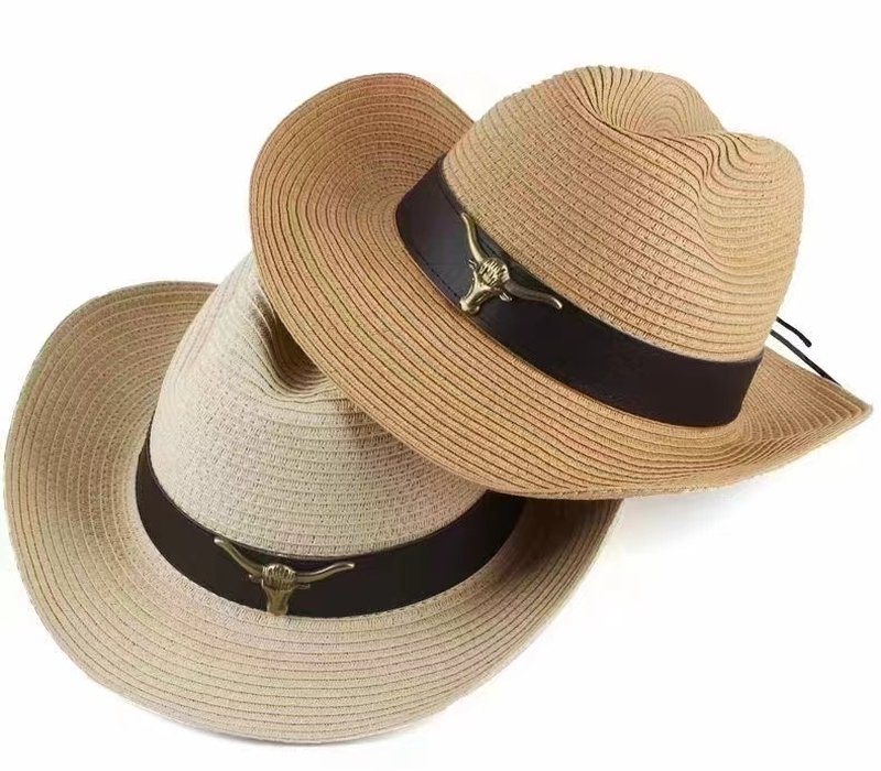 Range of western straw hats with black bands and metal conchos