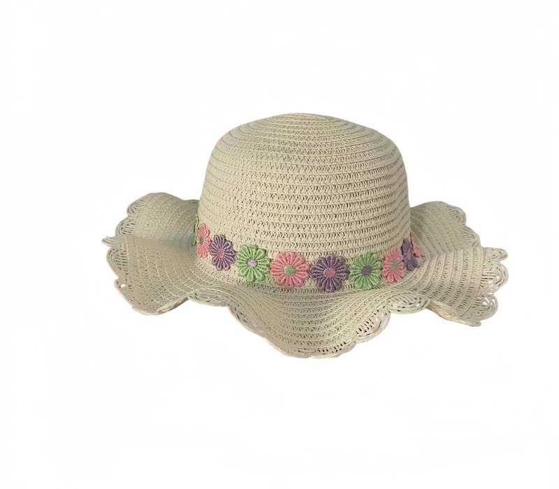 Straw hat with fabric floral trim band