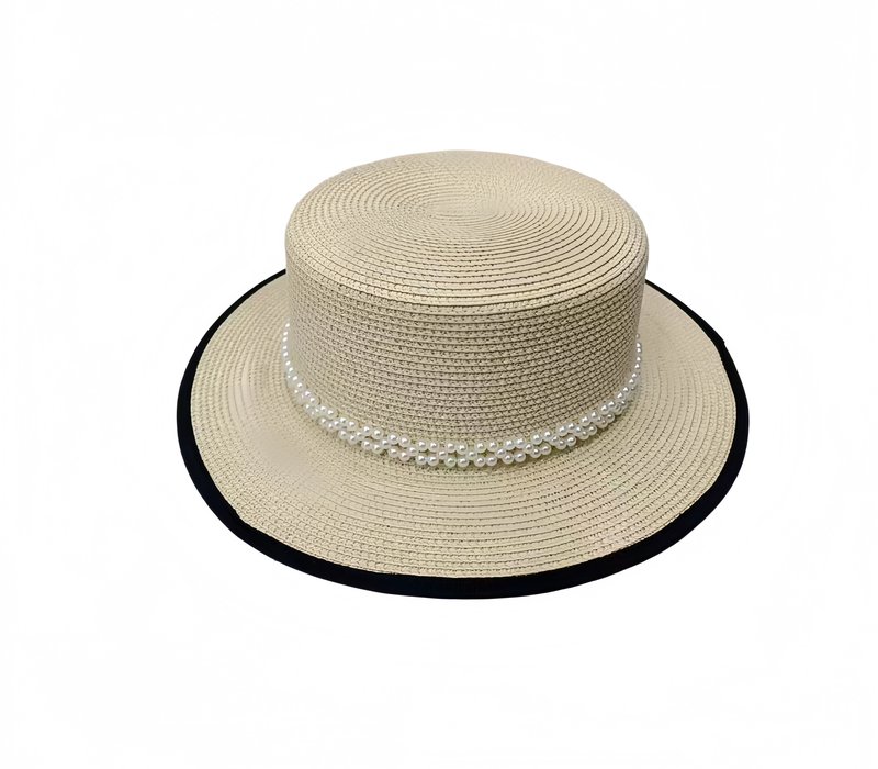 Straw boater hat with pearl bead trim band