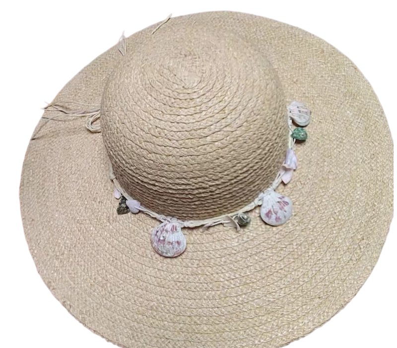 Wide brim straw hat with shell trim band